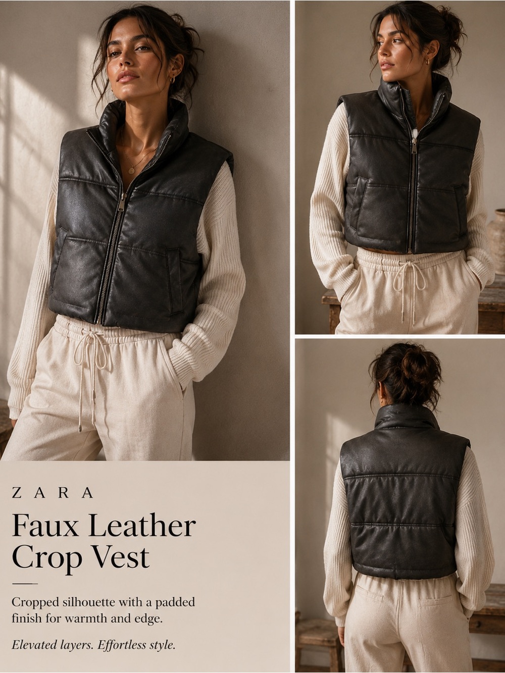 Zara Black Faux Leather Cropped Puffer Vest